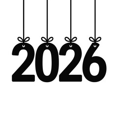 Black 2026 hanging decoration with ribbons on a white background