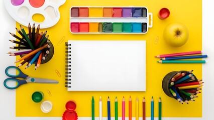 Colorful art supplies on yellow background