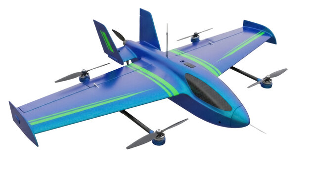 Blue and green VTOL drone PNG isolated on transparent background, unmanned aerial vehicle for delivery and surveillance