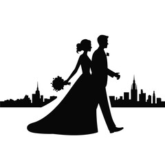 Silhouetted wedding couple embracing against a cityscape backdrop