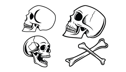 Four stylized skulls and crossbones illustrations on a white background.