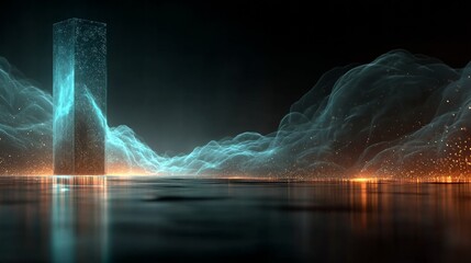 Dynamic abstract digital landscape with glowing energy column and ethereal light waves
