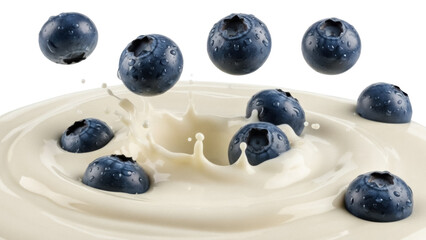 Fresh blueberries falling into cream isolated PNG, delicious fruit with water droplets for healthy eating and dessert concepts