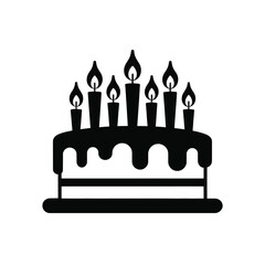 A black and white illustration of a birthday cake with lit candles