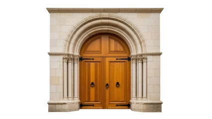 Elegant arched wooden double door isolated PNG on transparent background, classic entrance with stone frame for architecture design