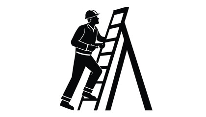 A silhouette of a construction worker climbing a ladder against a white background.