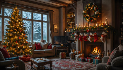 Warm and inviting Christmas living room interior decorated with a beautifully lit Christmas tree