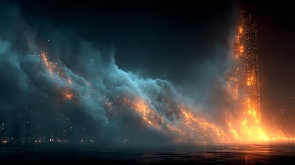 Fototapeta premium Dramatic cityscape ablaze with fiery energy against a dark, moody sky over water