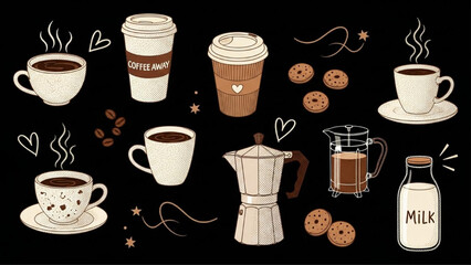 Coffee Lover Aesthetic Halftone Collage Cutout Sticker Set with Retro Mixed Media Style on Black Background