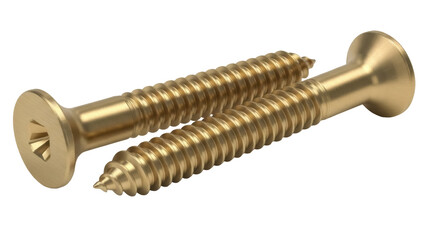 Two gold wood screws isolated PNG on transparent background, fasteners for carpentry and construction projects, hardware components
