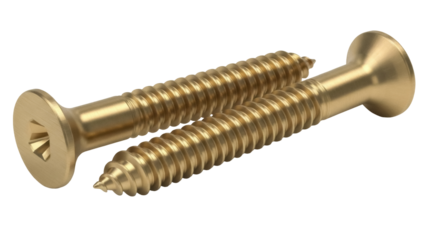 Two gold wood screws isolated PNG on transparent background, fasteners for carpentry and construction projects, hardware components