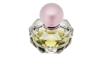 Elegant perfume bottle with pink cap isolated PNG, luxurious fragrance container on transparent background for beauty and fashion designs