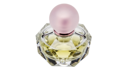 Elegant perfume bottle with pink cap isolated PNG, luxurious fragrance container on transparent background for beauty and fashion designs