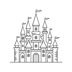 A detailed line drawing of a fairytale castle with many towers