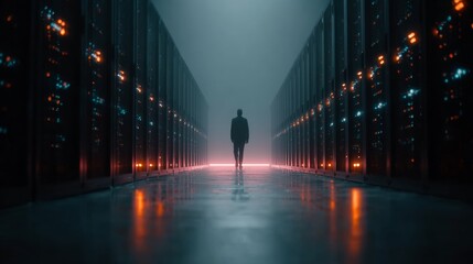 Man walks through futuristic server room with glowing lights, symbolizing innovation and data.
