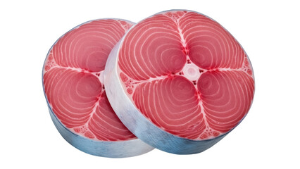 Two fresh tuna steaks isolated PNG on transparent background, raw fish cut for healthy eating and gourmet seafood dishes