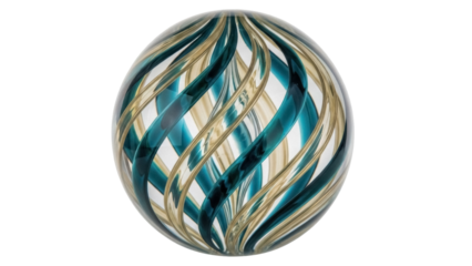 Decorative glass sphere with teal and gold swirls isolated PNG, elegant ornament for home decor and design projects on transparent background