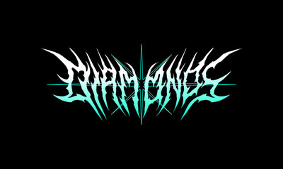 Metal lettering Diamonds in sharp gothic tribal style, teal gradient color, dark intense mood, vector design perfect for t-shirt, sticker, poster, music branding