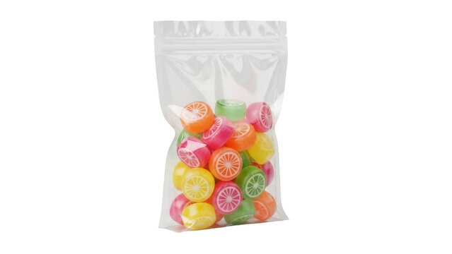 Colorful fruit hard candies in clear plastic bag isolated PNG, sweet treat for party favors and holiday gifts on transparent background
