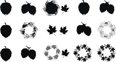 Botanical vector illustration, hop cone design, wheat wreath graphic, maple leaf icon, seasonal nature elements, black blue foliage, decorative clipart