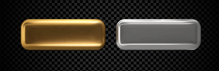 3D Metal Button from Gold and Chrome Vector Elements. Modern Glass Tag Design with Chrome Plate and Glossy Gradient Effect. Isolated Silver and Gold Button for Web Banner or CTA Label.