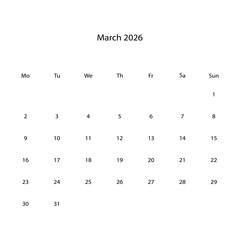 March 2026 calendar vectors illustration icon