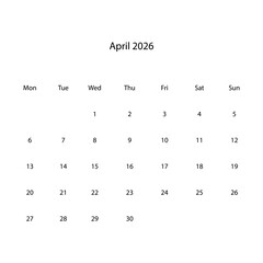 April 2026 calendar vectors illustration icon