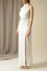 Fashion Studio Portrait of Woman in Elegant White Dress, Luxury Wedding Guest Collection