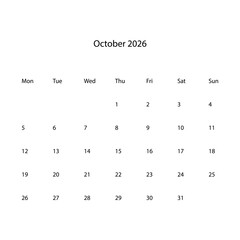 October 2026 calendar vectors icons