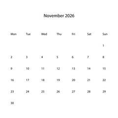 November 2026 calendar vector icon