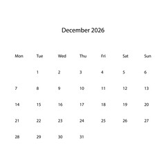December 2026 calendar vectors icons