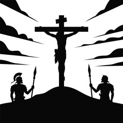 Silhouette of crucifixion scene with roman soldiers and a cloudy sky