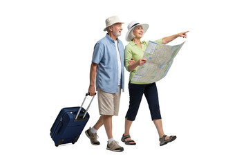 Elderly Couple Exploring with Map in Casual Summer Attire on White Background for Travel Advertising isolated on white background