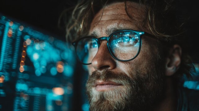 Focused man in glasses analyzing complex data streams on glowing futuristic screens, deep in concentration - Powered by Adobe