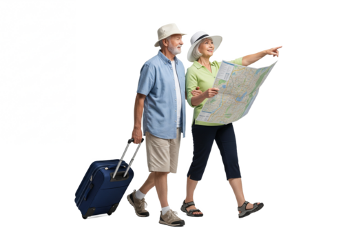 Elderly Couple Exploring with Map in Casual Summer Attire on White Background for Travel Advertising isolated on white background - Powered by Adobe