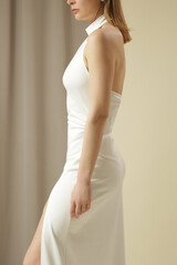 Fashion Studio Portrait of Woman in Elegant White Dress, Luxury Wedding Guest Collection