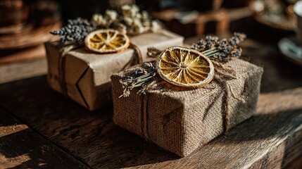Handcrafted gift boxes, wrapped in natural kraft paper, adorned with rustic hemp rope and botanical decorations, including lavender and orange slices, bathed in warm sunlight.