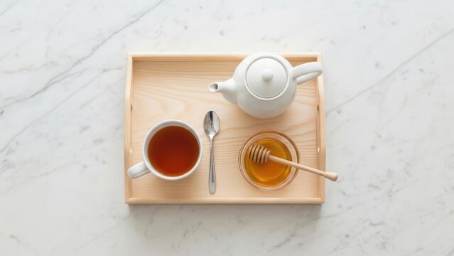 Wooden tray with teapot, honey jar, and tea cup on marble surface - Powered by Adobe