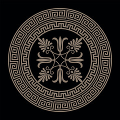 Greek key meander pattern on black background. Gold round frame arabesque. Plate with large floral element in the center. Egyptian pattern. Pattern frame for circle ceramic, textile, plate, embroidery