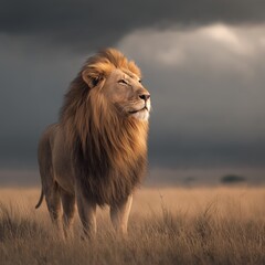 Obraz premium Lion standing in savanna looking into distance under dark sky. Powerful lion representing leadership, strength, and authority in dry grass