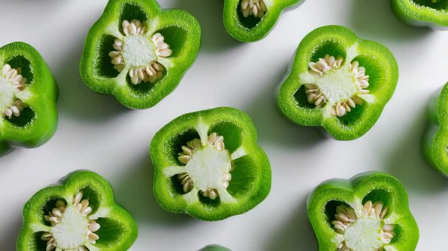 Sliced green bell peppers arranged in a pattern against a white background