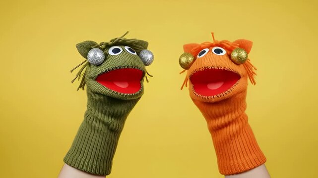 A sequence showing two funny sock puppets interacting with affection. Cute hand puppet characters having a conversation, representing friendship or a relationship concept