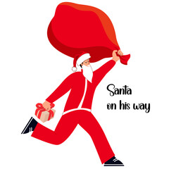 Santa Man is on his way. Santa brings Presents in big red Sack. Merry Christmas holiday. Vector illustration