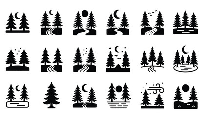 A collection of stylized pine tree forest landscape icons.