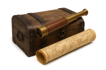 Antique Treasure Chest, Spyglass and Map with transparent background