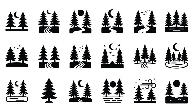 A collection of stylized pine tree forest landscape icons.