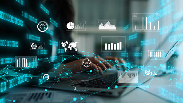 A modern workspace featuring a laptop with data analysis elements like graphs and charts. Emphasizes technology role in business insights and decision-making. Xenic - Powered by Adobe