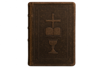 Old brown Holy Bible with cross and chalice, transparent background.