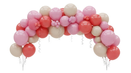 Festive balloon arch PNG isolated on transparent background, party decoration with pink, red, and cream balloons for celebration and event design © Sean