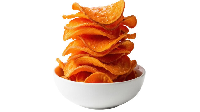 Delicious sweet potato chips in a bowl isolated PNG, crispy snack food for healthy eating and party appetizers on transparent background